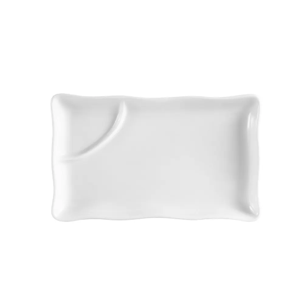 CAC China RCN-RT10 Platter, 10-1/8" x 6-1/4" x 1" White Porcelain, 2-Comp Sauce Tray - Dozen