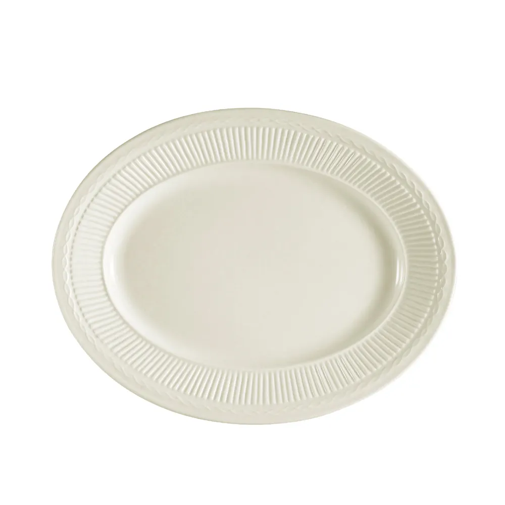 CAC China RID-14 Oval Stoneware Platter, 12" L x 9-3/8" W x 1-1/2" H, White, Embossed Rim - Dozen