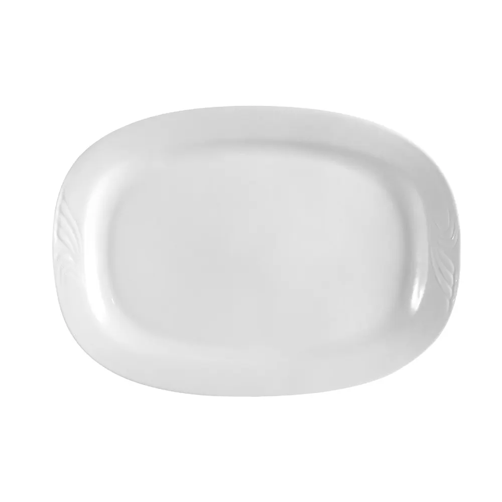 CAC China RSV-93 Roosevelt Platter, 12" x 8-5/8" White Porcelain Oblong, Embossed Rim - Dozen