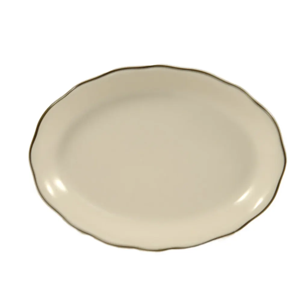 CAC China SC-12B Oval Stoneware Platter 9-5/8" x 7-1/8" x 1-1/2" Scallop Edge, Black/White - Dozen