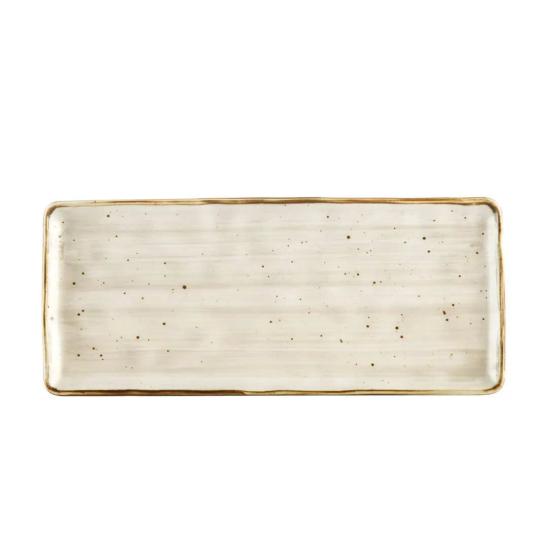 CAC China TUS-RT13-BGE Tucson Platter 12" L x 5-1/8" W x 1/2" H Rect Porc. Beige Curved Edge - Dozen