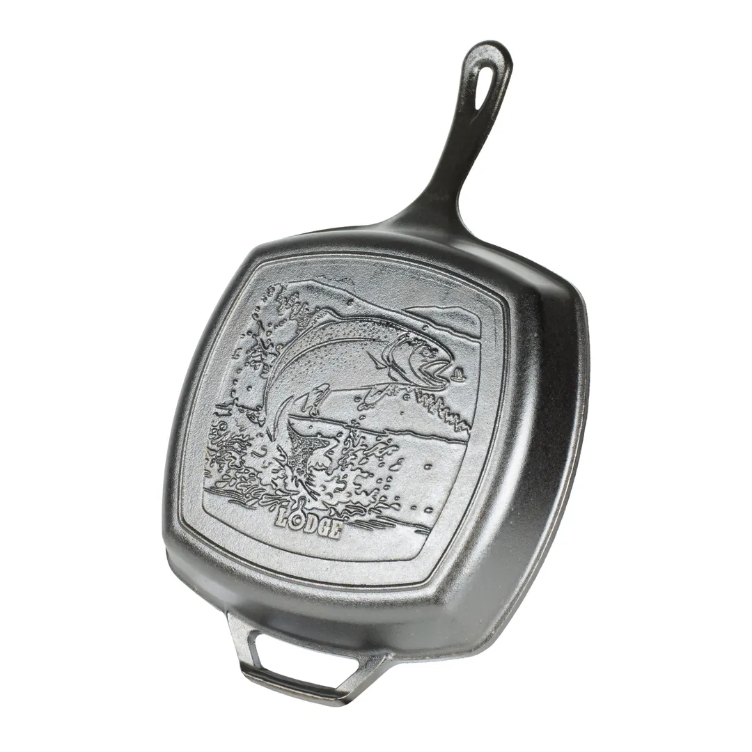Lodge L8SGPWLFI Wildlife Skillet – 10-1/2" Square Cast Iron, Fish Scene, Induction & Oven Safe, USA