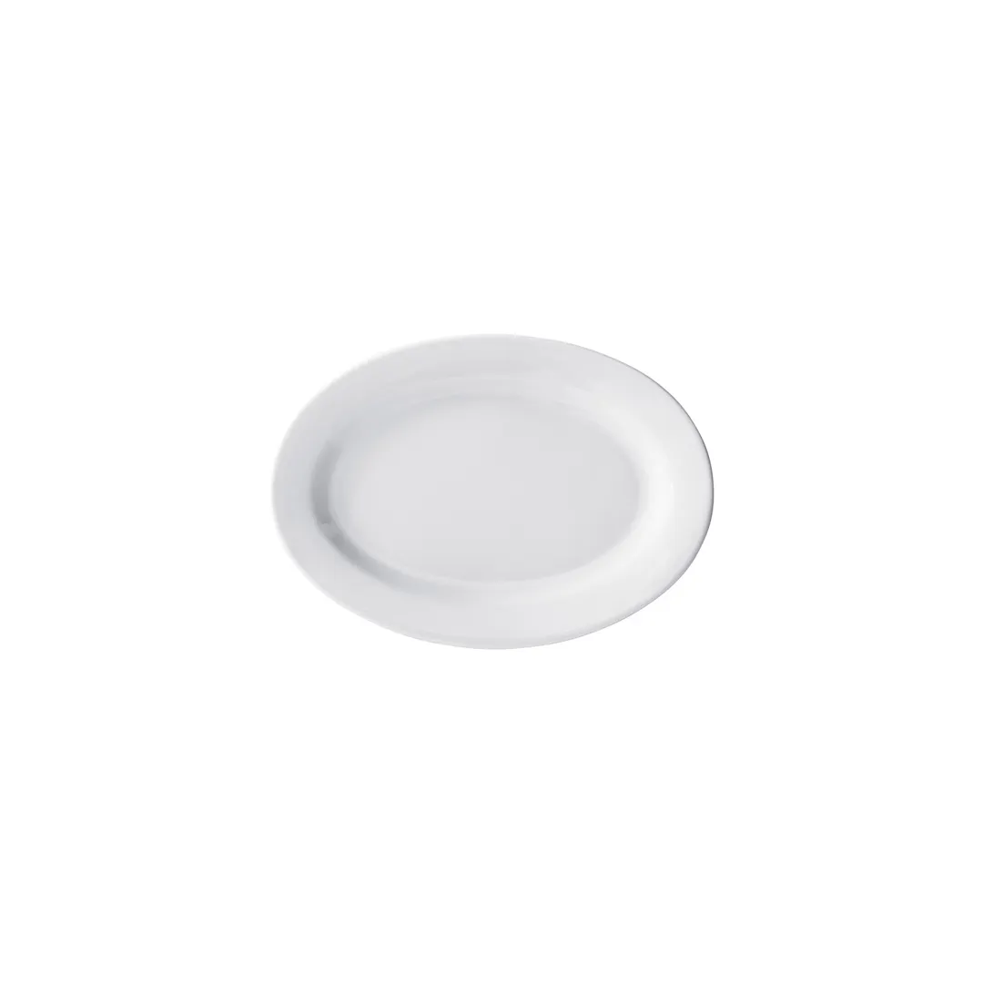 Winco BPO-10NR Oval Porcelain Platter, 10" L x 8" W x 3/4" H, White Narrow Rim - 1 Dozen