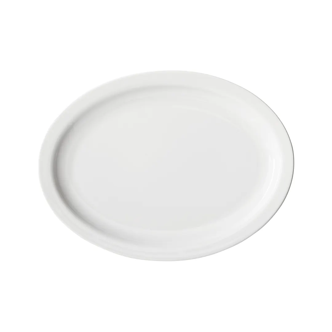 Winco BPO-115NR Birkhall Oval Porcelain Platter 11.5"L x 9.125"W x 1"H White Narrow Rim - 1 Dozen