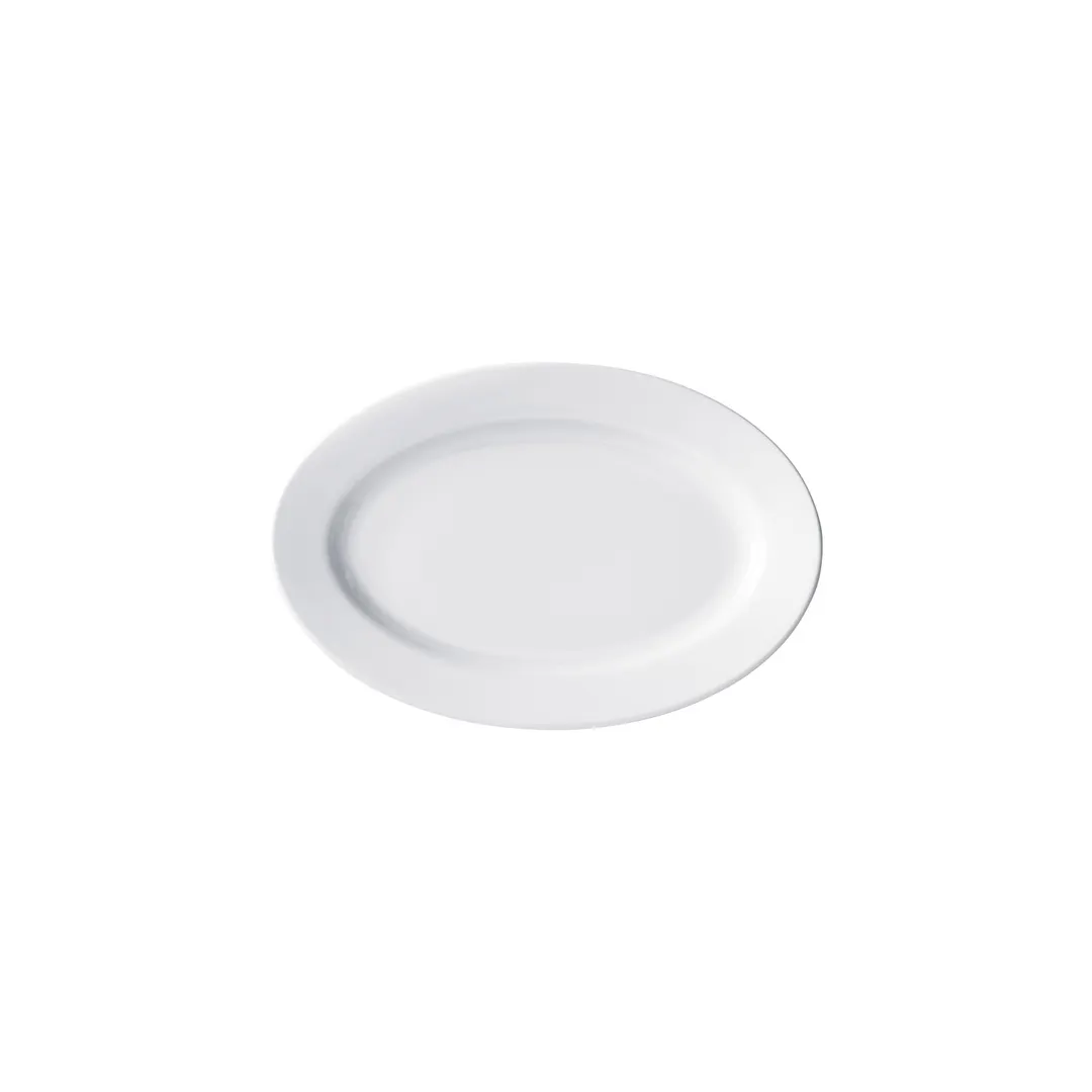 Winco BPO-1175 - Oval Porcelain Platter, 11-3/4" L x 7-7/8" W x 1" H, White rolled edge - 1 Dozen