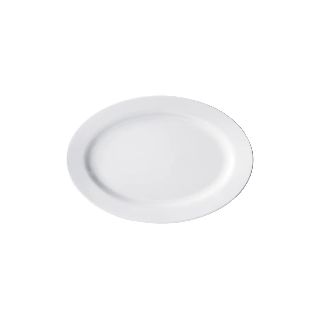 Winco BPO-1375 Oval Porcelain Platter 13-3/4"L x 9-7/8"W x 1-1/2"H White RolledEdge - 1 Dozen