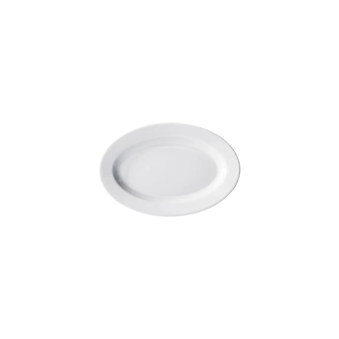 Winco BPO-938 Oval Porcelain Platter, 9-3/8" L x 6-1/8" W x 3/4" H, White Rolled Edge - 1 Dozen
