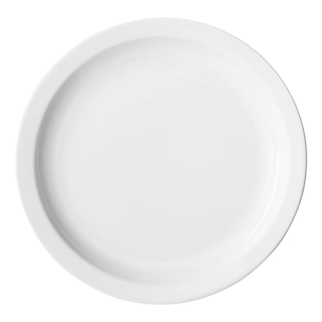 Winco BPR-105NR Birkhall Round Porcelain Plate, 10-1/2" Dia x 1-1/4" H, White Narrow Rim - 1 Dozen