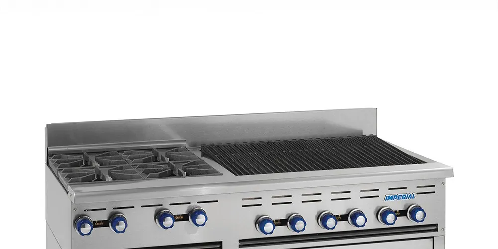 Imperial IR-4-RB36 60" Gas Restaurant Range w/ (4) Open Burners, (1) 36" Radiant Broiler, (2) Standard Ovens, 288.000 BTU 