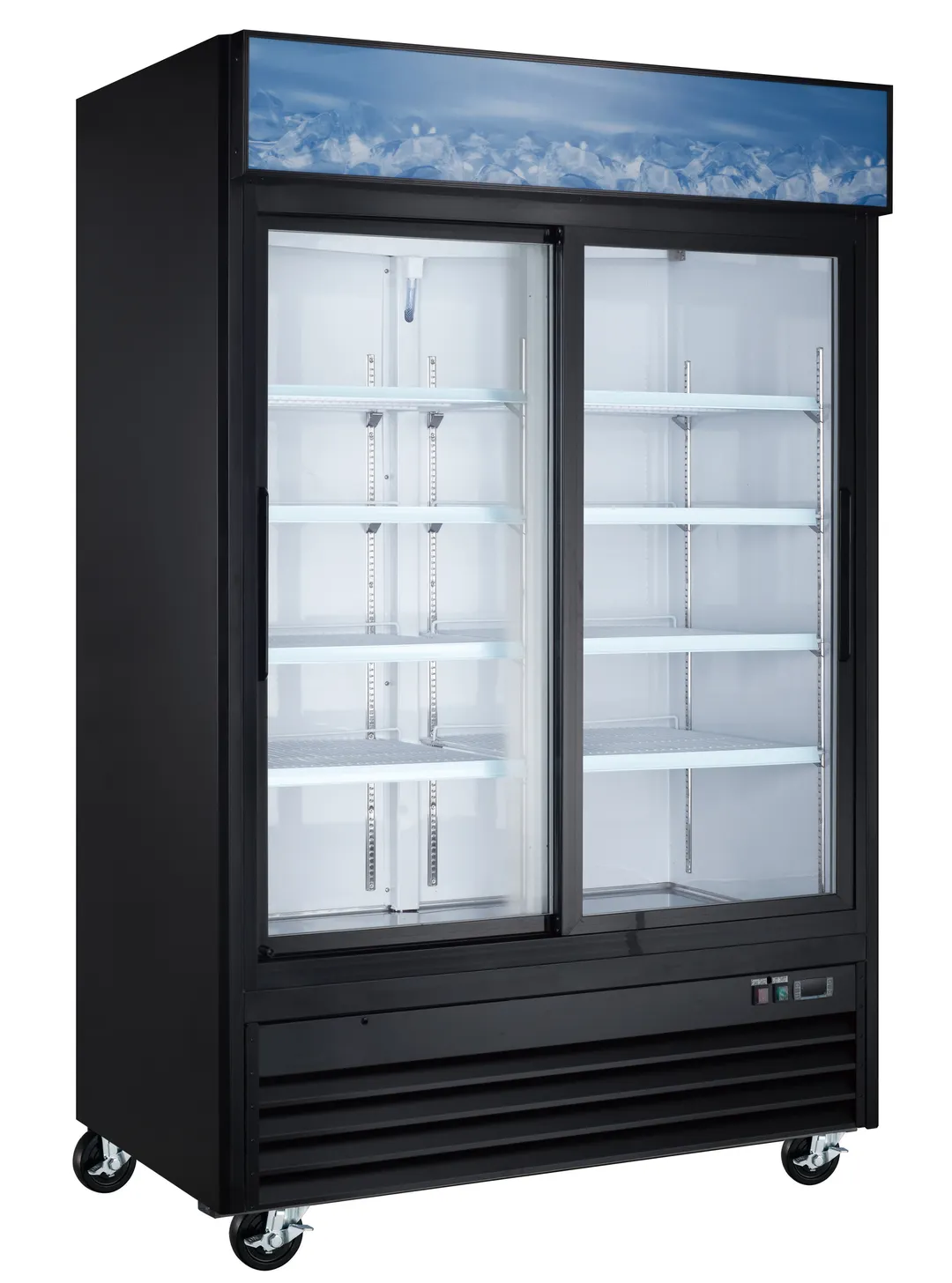 Drago America DR45MGSR 53" Merchandiser Refrigerator, 45 cu ft, Black, Sliding Glass Doors, 1/2 HP