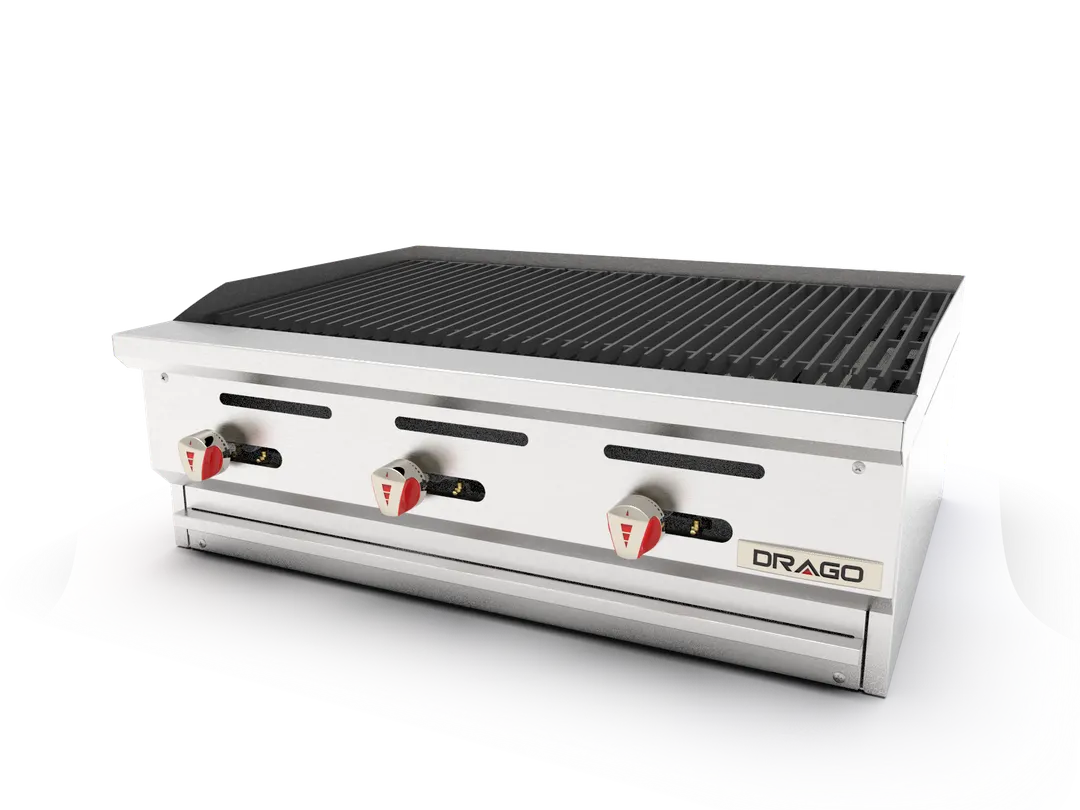 Drago America DRCBR36 36" Countertop Gas Charbroiler, (4) 35000 Btu Cast Iron Burners With One Standing Pilot Per Burner