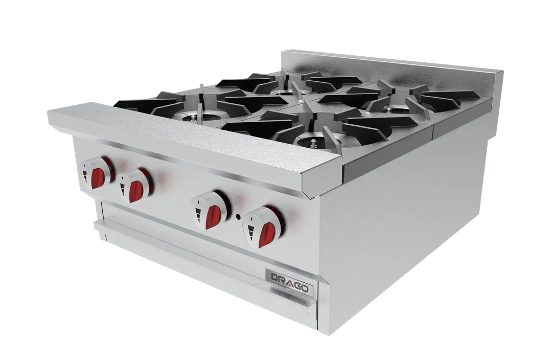 Drago America DRHP24 24" Countertop Gas Hotplate, (4) 30000 Btu Cast Iron Burners With One Standing Pilot Per Burner