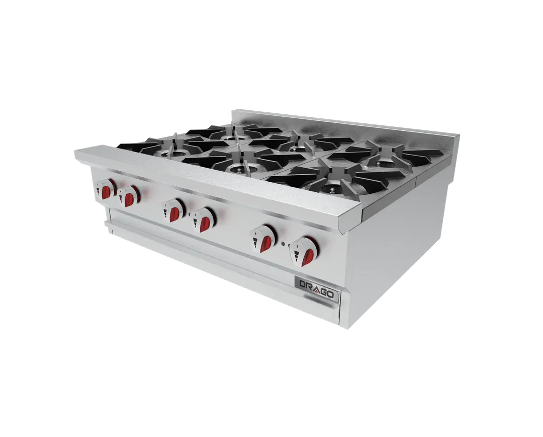 Drago America DRHP36 36" Countertop Gas Hotplate, (6) 30000 Btu Cast Iron Burners With One Standing Pilot Per Burner