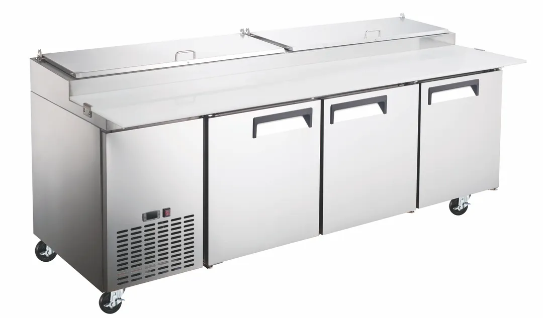Drago America DRPP92 91.9" Refrigerated Pizza Prep Table, 3 Doors, 24 cu. ft., Stainless Steel, 12 1/3 Size Pans