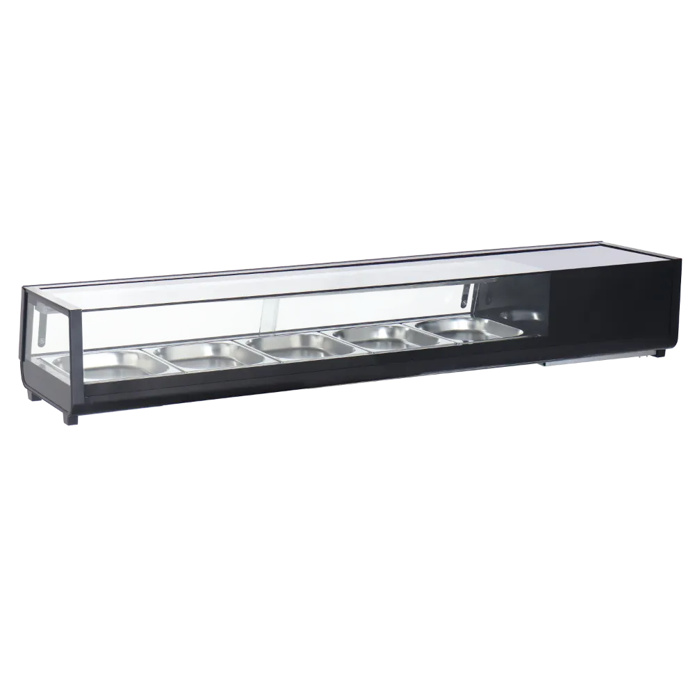 Omcan USA 48670 – 71" Black Sushi Display, 132 L Capacity, Glass Front Sliding Door, R290 Refrigerant