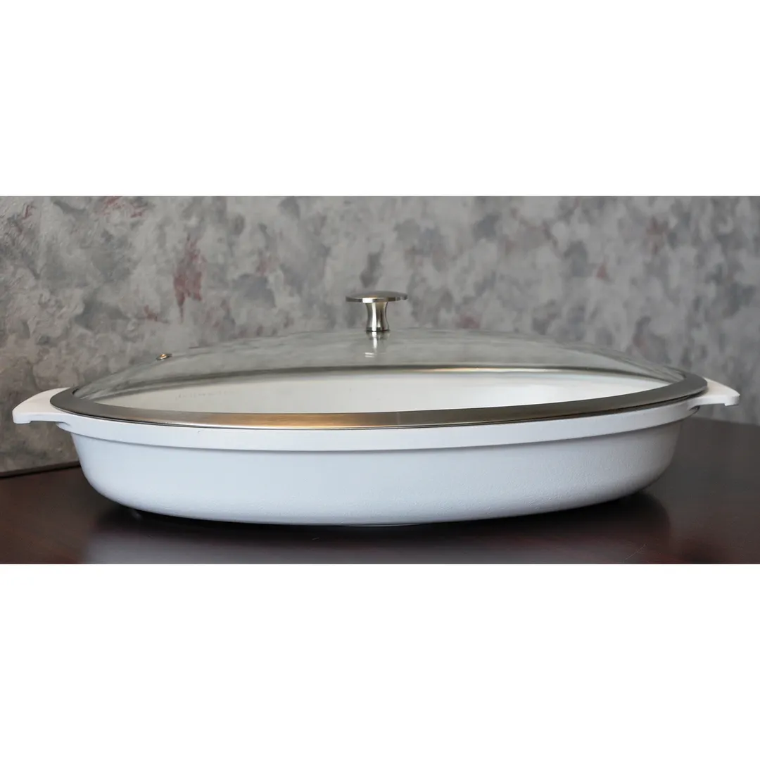 Spring USA 8265-2/38 Motif Roaster, 3‑Quart, 15" L x 10" W x 2‑1/4" D, White, Cover, Teflon® Non‑Stick & QuanTanium®