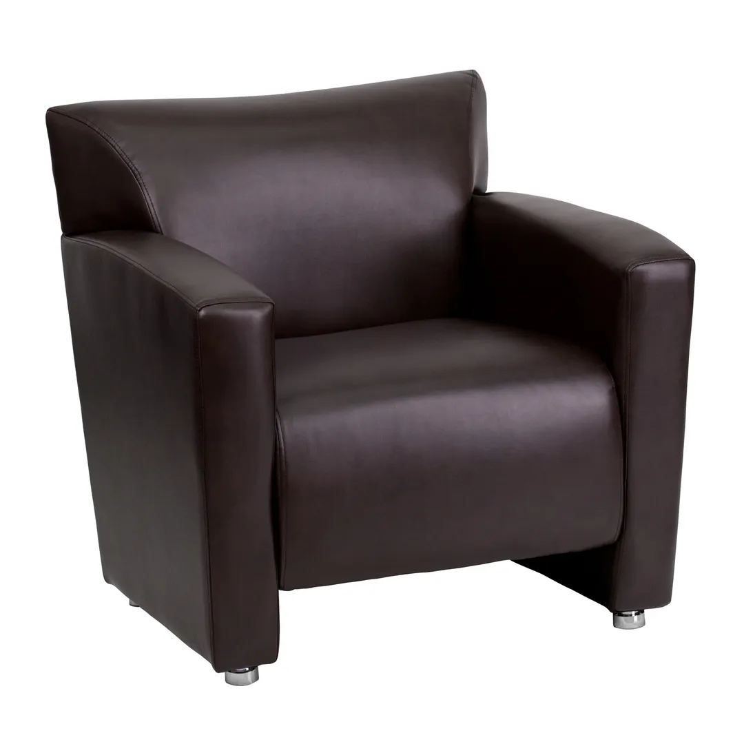 Flash Furniture 222-1-BN-GG Hercules Majesty Series Reception Chair, LeatherSoft Upholstery, Brown, Flares Arms, Brushed Aluminum Feet