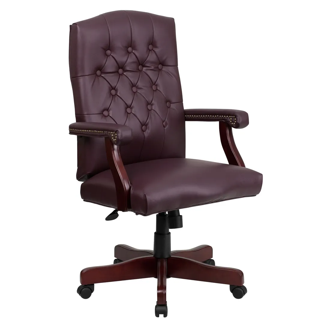Flash Furniture 801L-LF0019-BY-LEA-GG Upholstered, Burgundy Leather, 43‑47″ Height, 250 lb, Padded Arms, Casters
