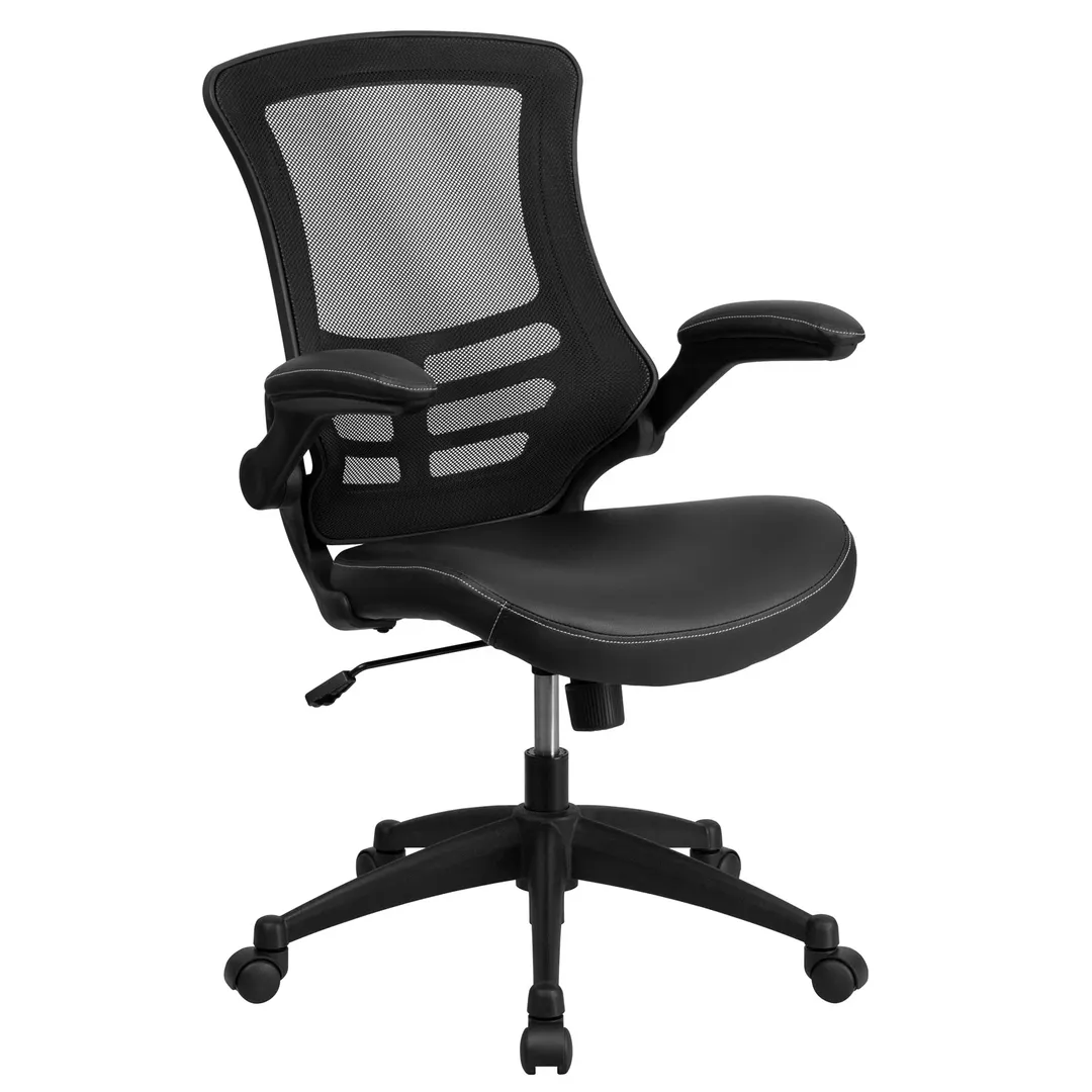 Flash Furniture BL-X-5M-LEA-GG Swivel Chair, 250 lb, Mesh Back, Leather Seat, 37-1/2"-41-1/4" Tilt Lock, Casters