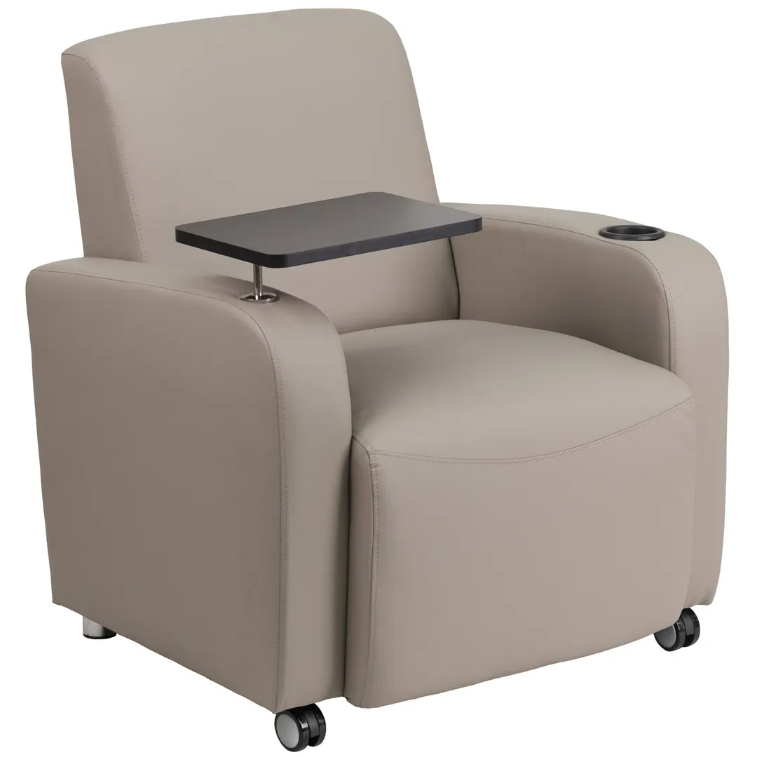 Flash Furniture BT-8217-GV-CS-GG Guest Chair, Gray LeatherSoft, 360° Swivel Arm, Cup Holder, Chrome Feet