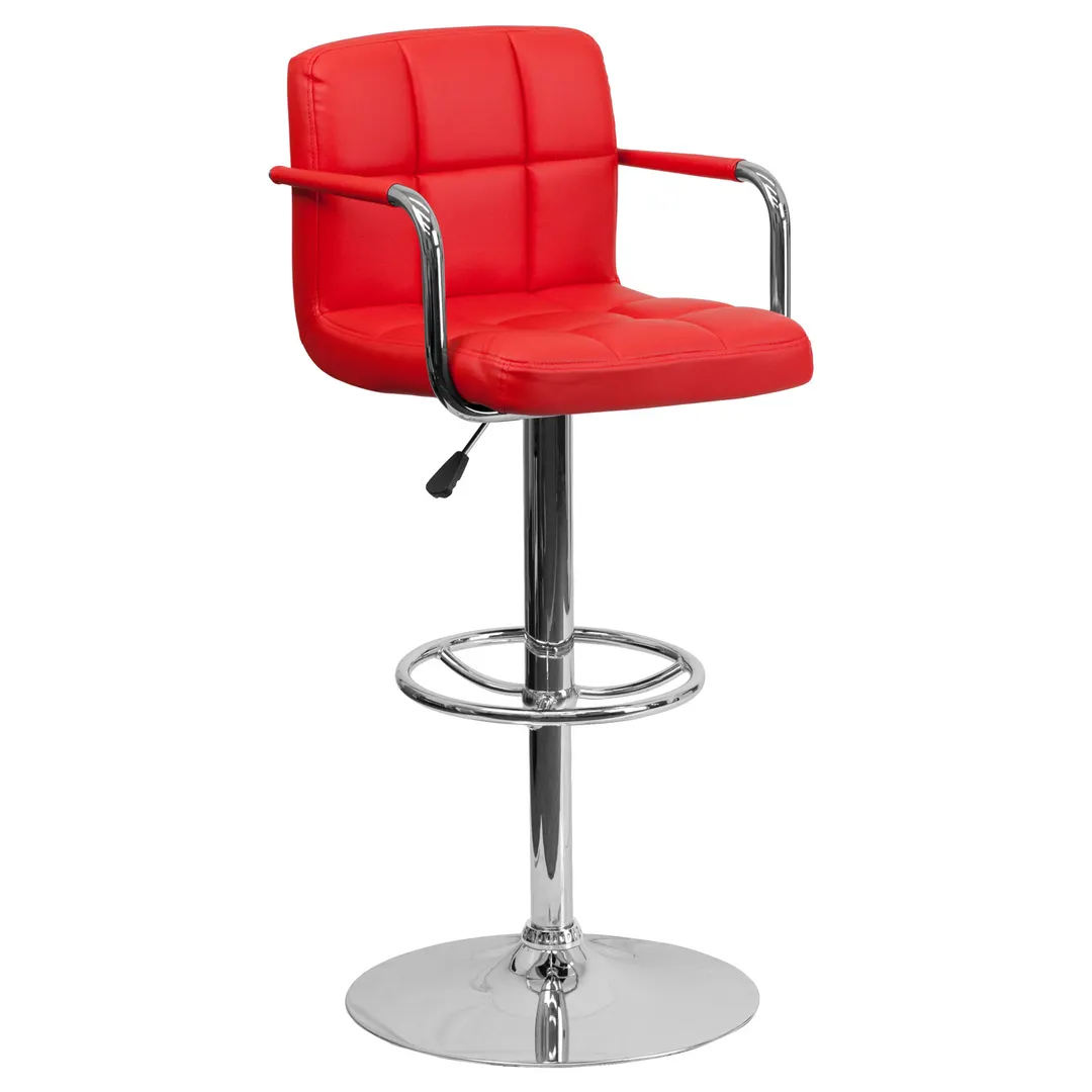 Flash Furniture CH-102029-RED-GG Red Vinyl Swivel Bar Stool with Upholstered Quilted Back & Seat, Adjustable Height, Chrome Base