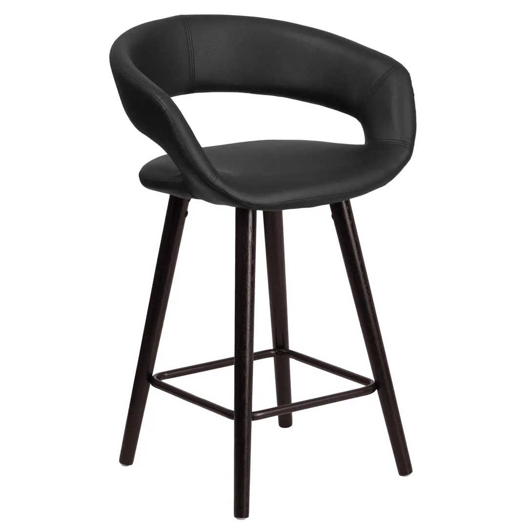 Flash Furniture CH-152561-BK-VY-GG Brynn Series Bar Stool, 24"H Upholstered Seat, Black Vinyl, Cappuccino Finish, With Arms