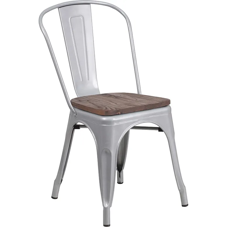 Flash Furniture CH-31230-SIL-WD-GG Stacking Side Chair, 500 lb, Metal Back, Wood Seat, Silver