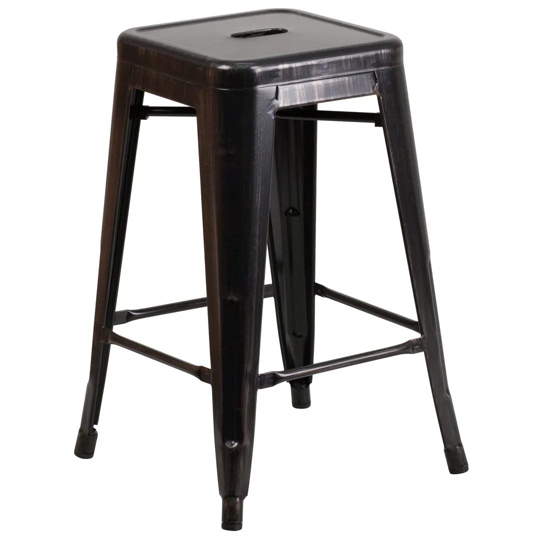 Flash Furniture CH-31320-24-BQ-GG Counter Height Backless Bar Stool, 500 lb. Weight Capacity, Galvanized Steel, Black-Antique Gold
