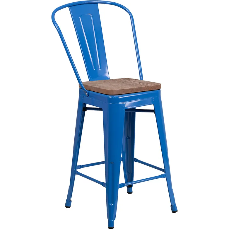 Flash Furniture CH-31320-24GB-BL-WD-GG Blue Counter Height Bar Stool, 500 lb. Weight Capacity, Metal Back, Wood Seat