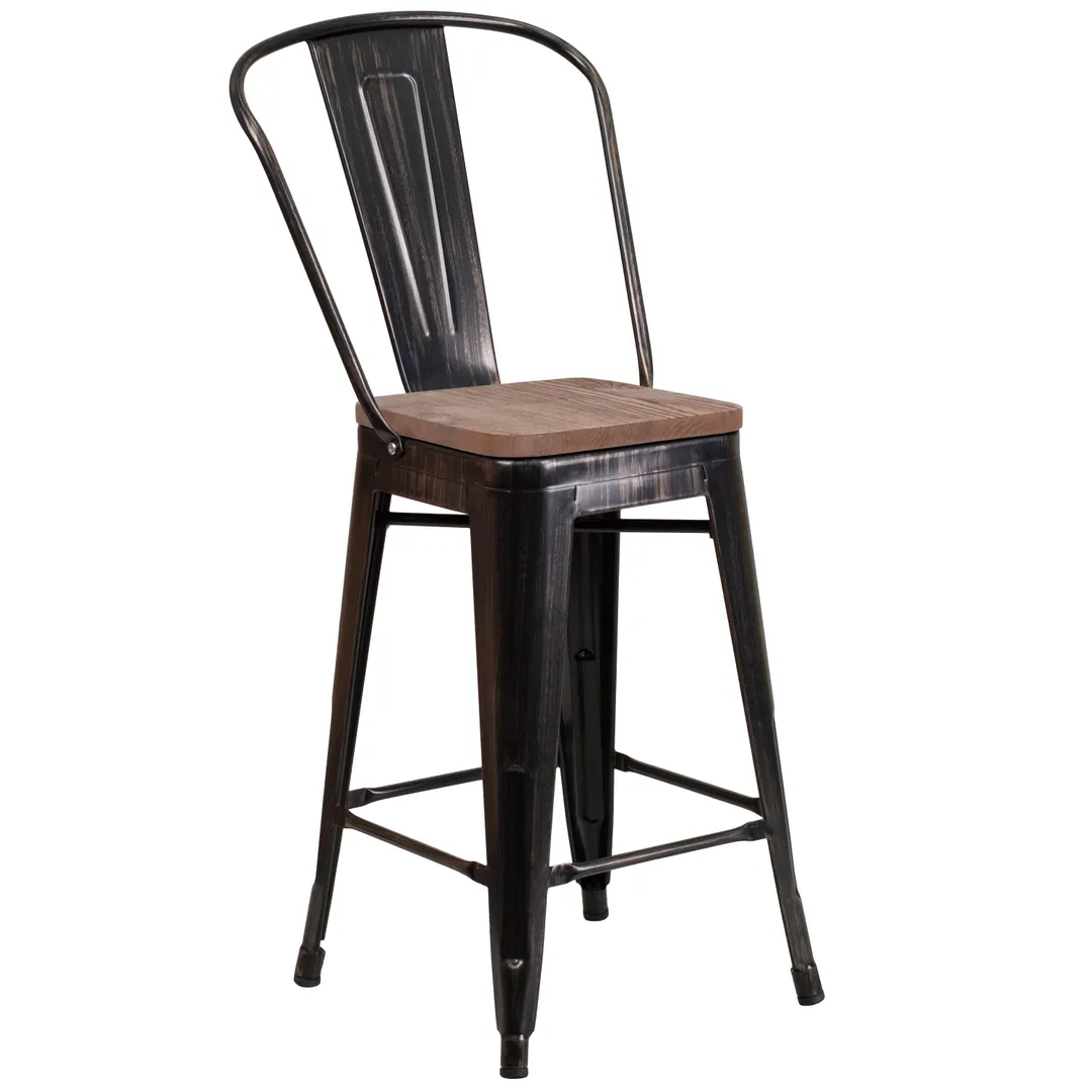 Flash Furniture CH-31320-24GB-BQ-WD-GG Counter Height Bar Stool, 500 lb. Weight Capacity, Metal Back, Textured Wood Seat, Black Antique Gold