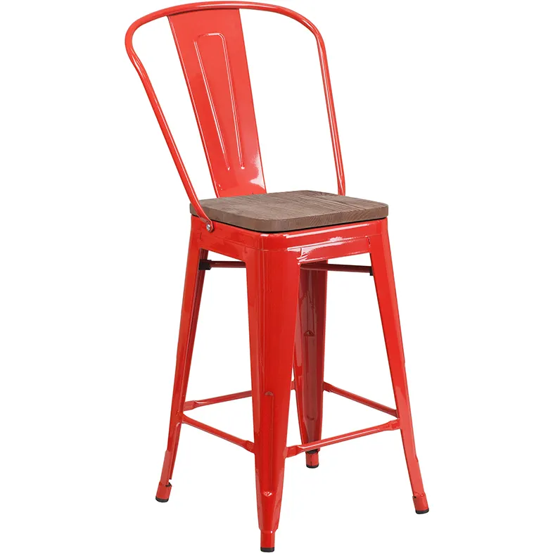Flash Furniture CH-31320-24GB-RED-WD-GG Red Counter Height Bar Stool, 500 lb. Weight Capacity, Metal Back, Wood Seat