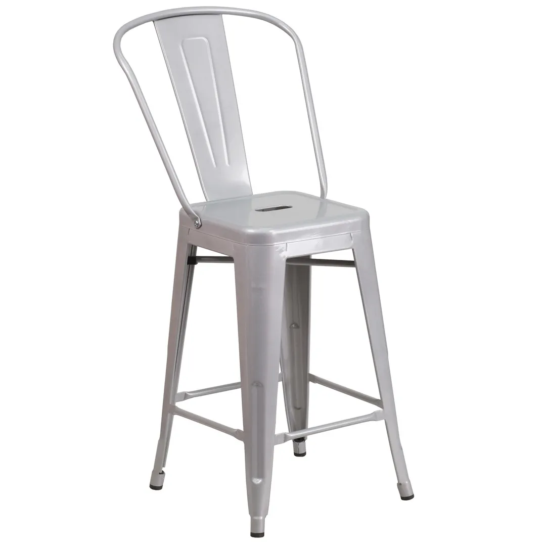 Flash Furniture CH-31320-24GB-SIL-GG Counter Height Bar Stool, 500 lb, Silver, Galvanized Steel, Armless, Cut Out Back