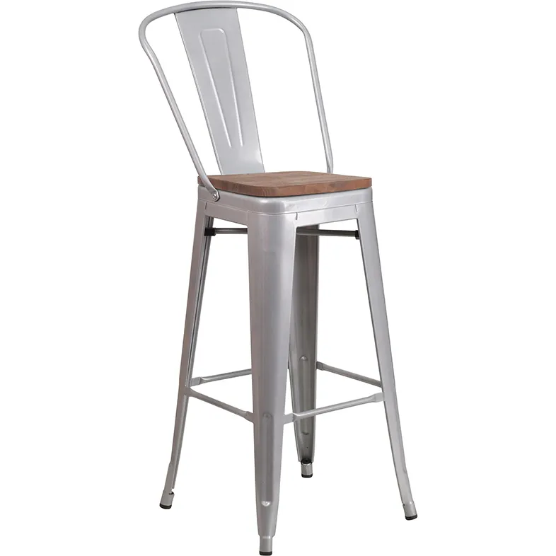 Flash Furniture CH-31320-30GB-SIL-WD-GG Silver Stacking Bar Stool, 500 lb. Weight Capacity, Metal Back, Wood Seat