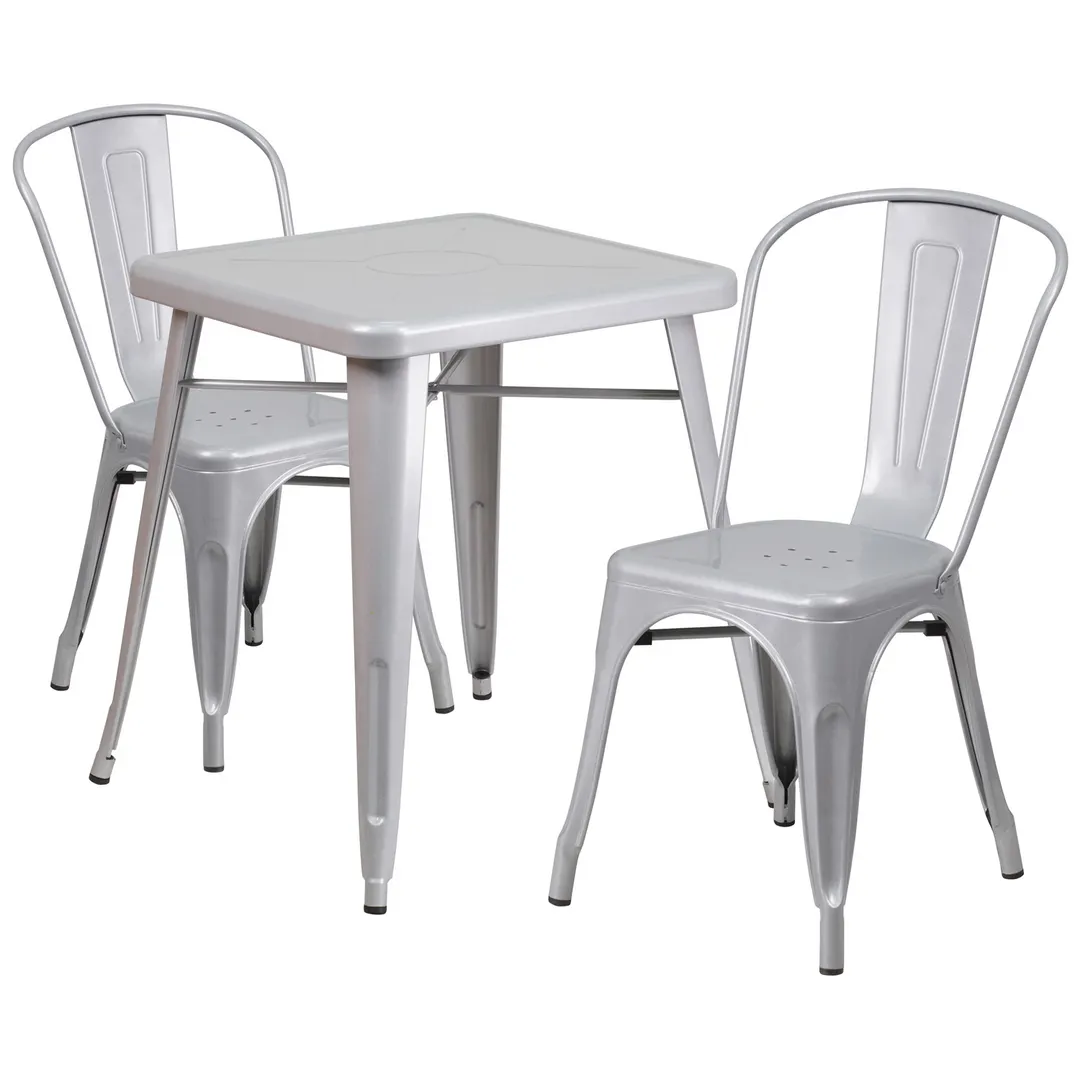 Flash Furniture CH-31330-2-30-SIL-GG 23 Square Table Set with 2 Chairs, Silver, Galvanized Steel, Powder Coat Finish