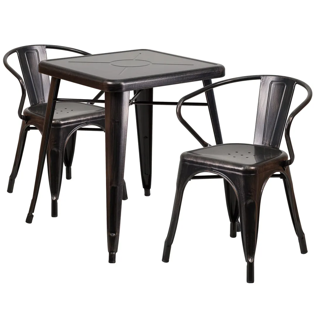 Flash Furniture CH-31330-2-70-BQ-GG 29"H Square Table & 2 Arm Chairs Set, Galvanized Steel, Black & Antique Gold