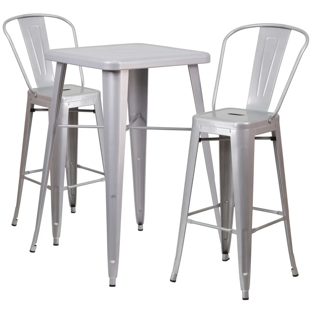 Flash Furniture CH-31330B-2-30GB-SIL-GG 40" Square Table & 2 Bar Stool Set, Silver, Galvanized Steel, Powder Coat Finish