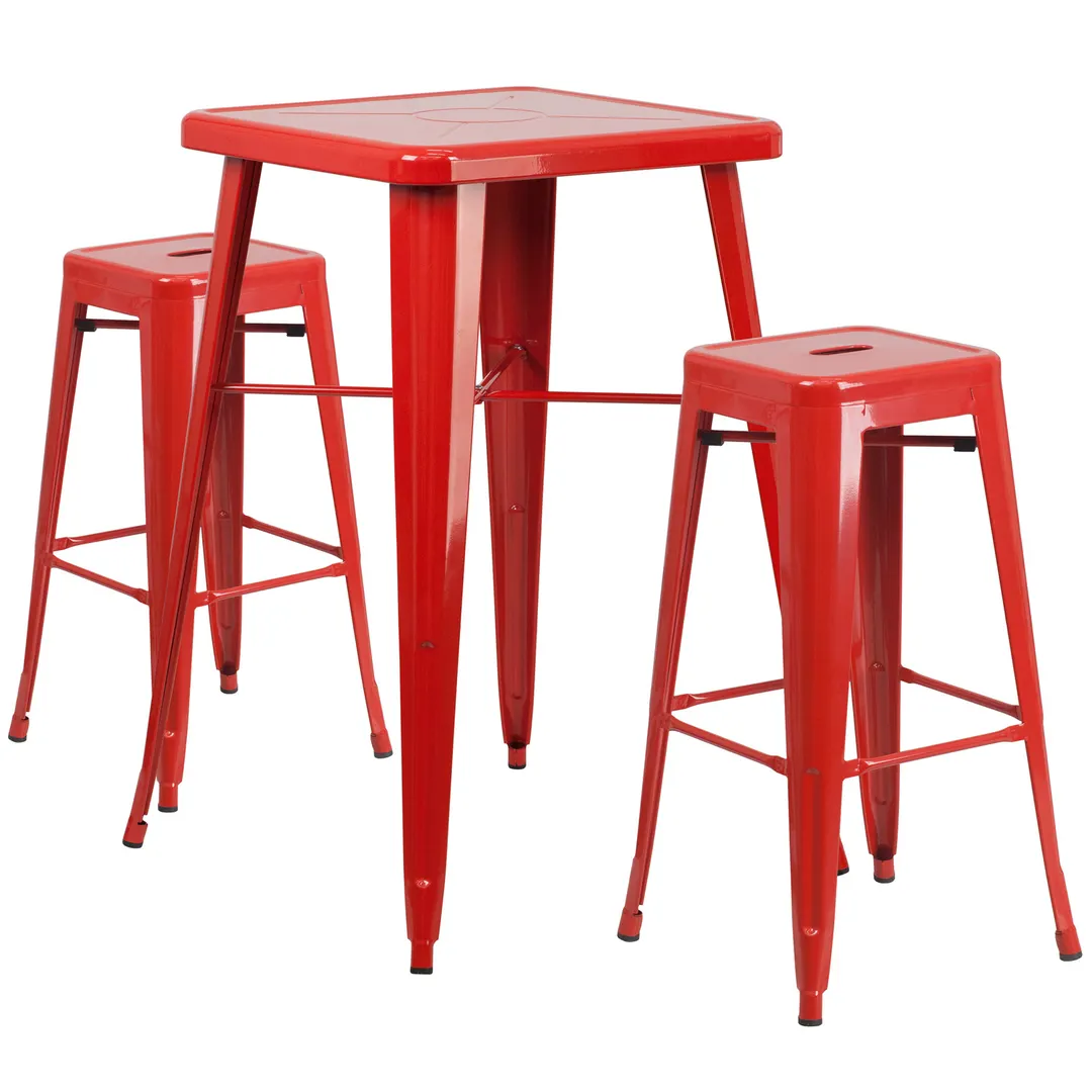 Flash Furniture CH-31330B-2-30SQ-RED-GG 27x27 Square Table & 2 Bar Stool Set, 40H Red Powder Coat Finish