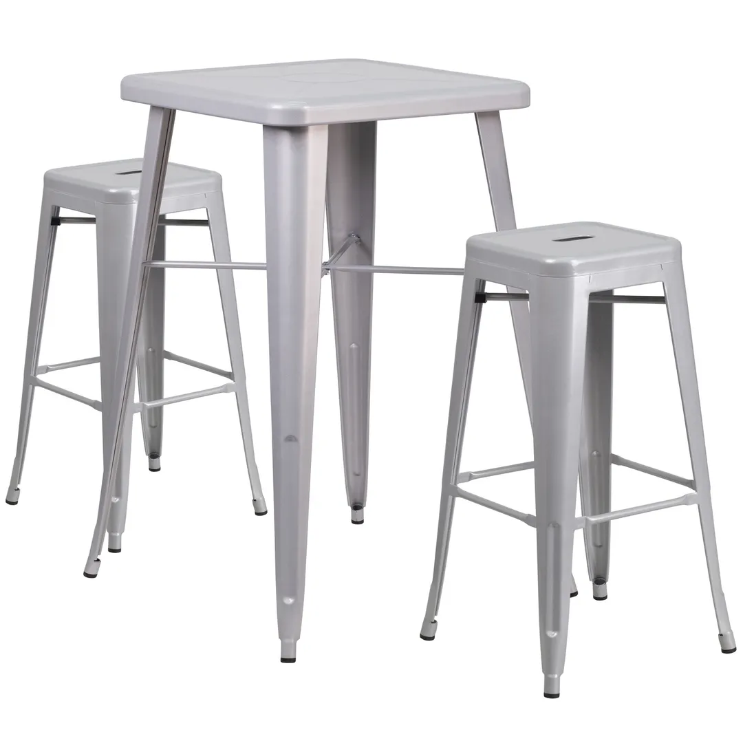 Flash Furniture CH-31330B-2-30SQ-SIL-GG 27x27 40H Square Table & 2 Bar Stool Set, Silver, Galvanized Steel