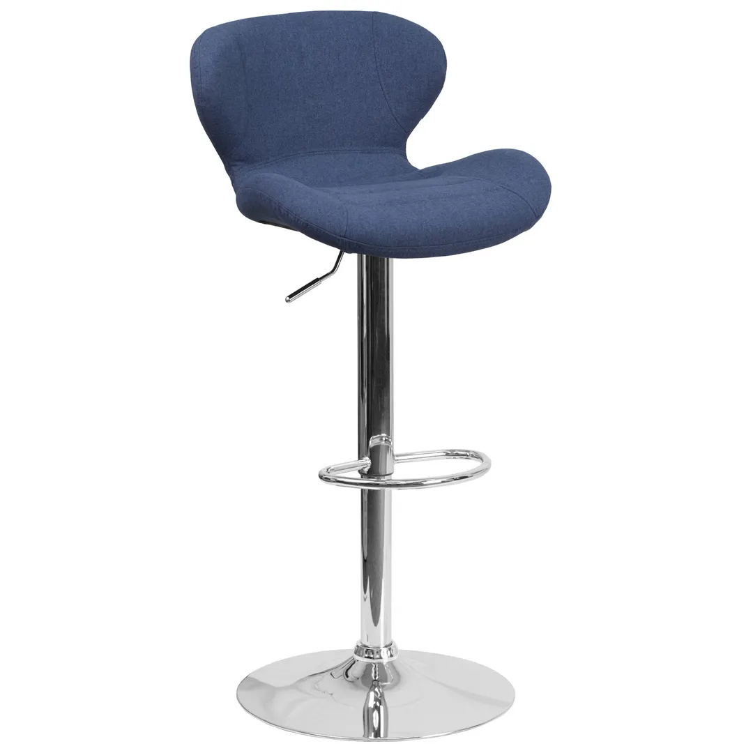 Flash Furniture CH-321-BLFAB-GG Blue Swivel Bar Stool with Upholstered Back and Seat, Adjustable Height, 17-5/8" Chrome Base