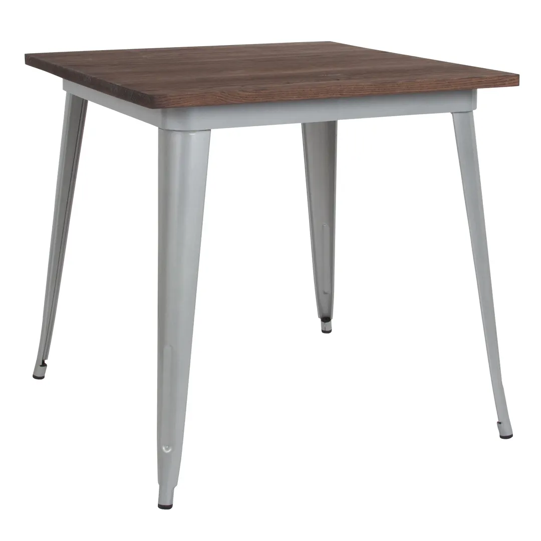 Flash Furniture CH-51040-29M1-SIL-GG 31" Square Walnut Elm Wood Dining Table, 1" Edge, Galvanized Steel Frame, Silver