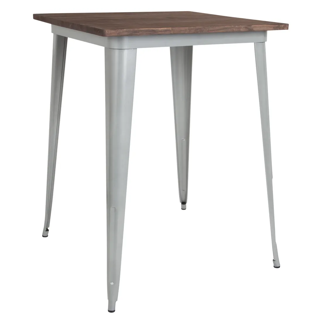 Flash Furniture CH-51040-40M1-SIL-GG 31.5x31.5 Square Bar Height Table, Walnut Elm Wood Top, Galvanized Steel Frame, Silver