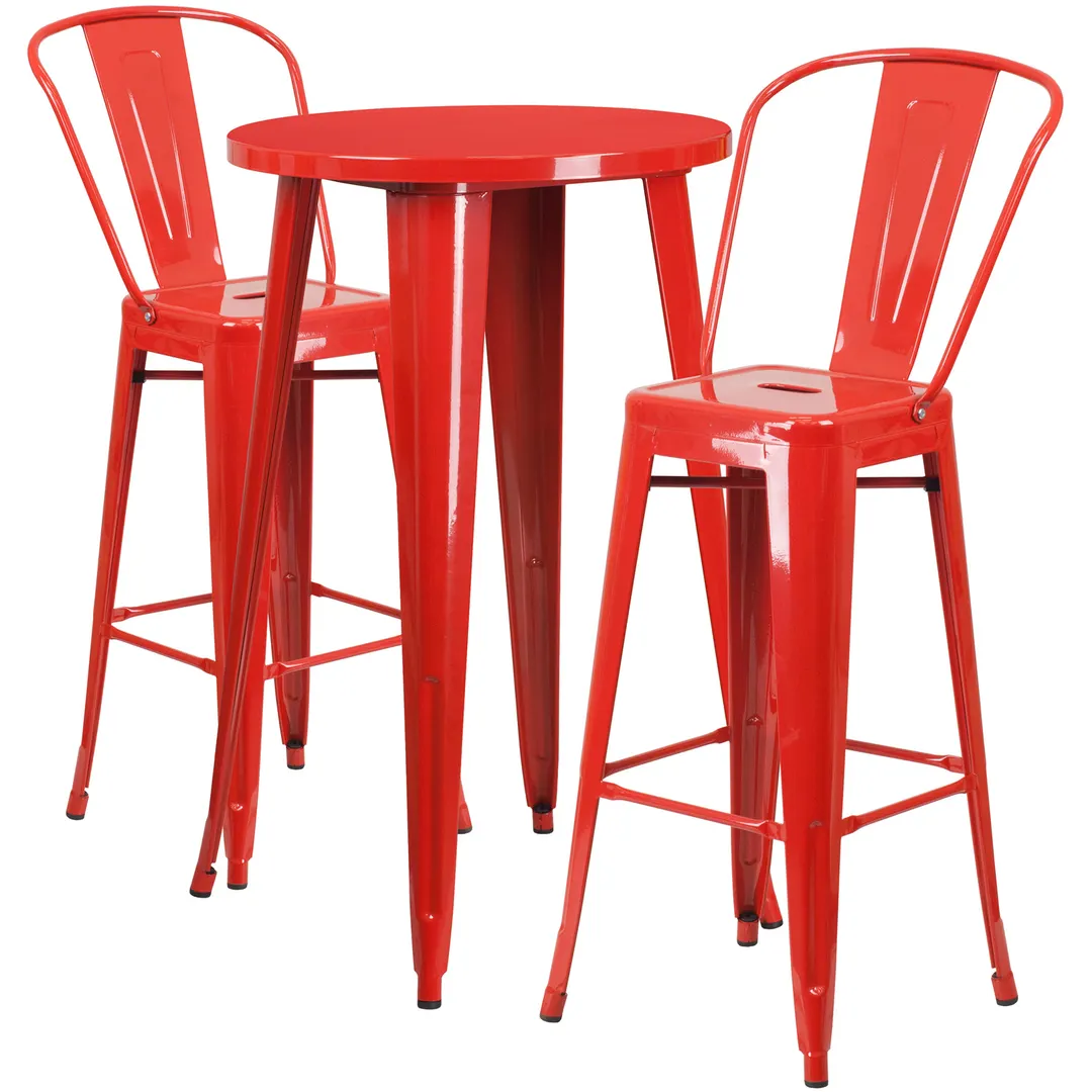 Flash Furniture CH-51080BH-2-30CAFE-RED-GG 24" Round Table & 2 Red Bar Stools, 41"H, Powder Coat Finish