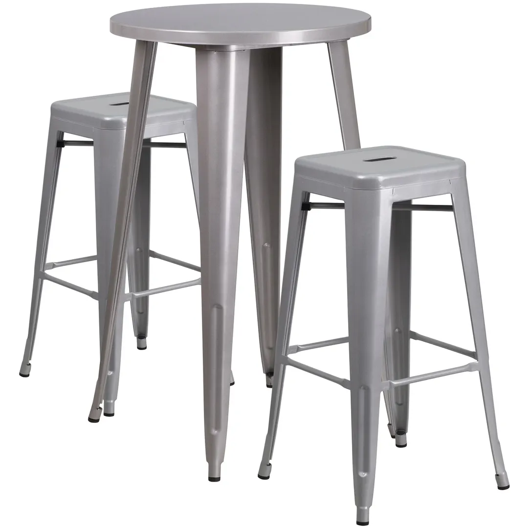 Flash Furniture CH-51080BH-2-30SQST-SIL-GG 24" Round Table & 2 Bar Stool Set, 41"H, Silver, Powder Coat Finish