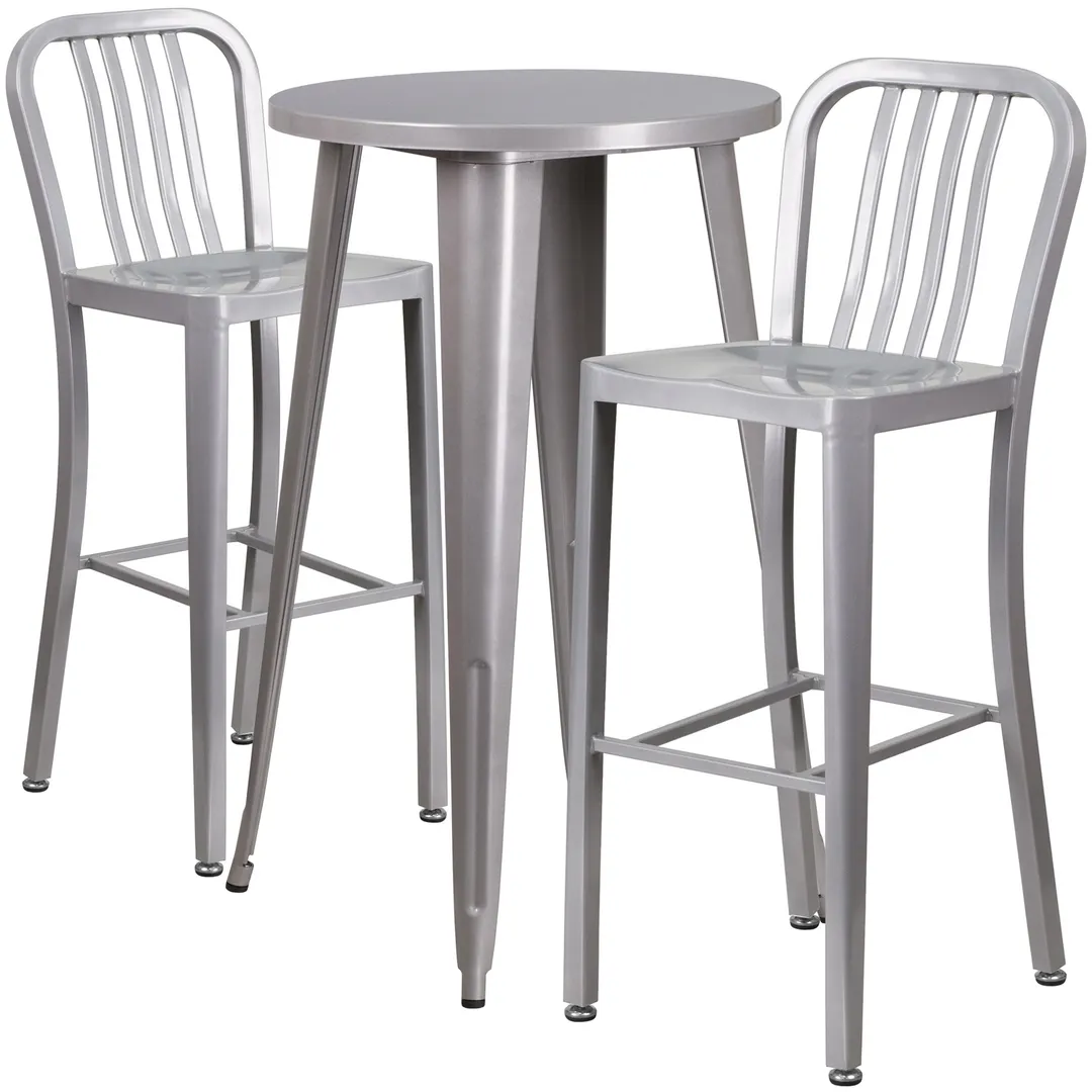 Flash Furniture CH-51080BH-2-30VRT-SIL-GG 24" Round Table & 2 Bar Stool Set, 41"H, Silver, Powder Coat Finish