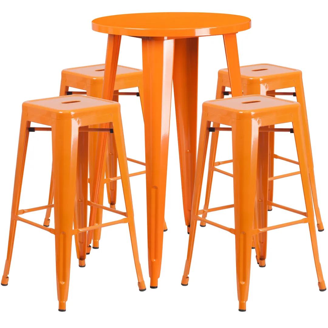 Flash Furniture CH-51080BH-4-30SQST-OR-GG 24" Round Table & 4 Backless Bar Stool Set, Orange, Powder Coat Finish
