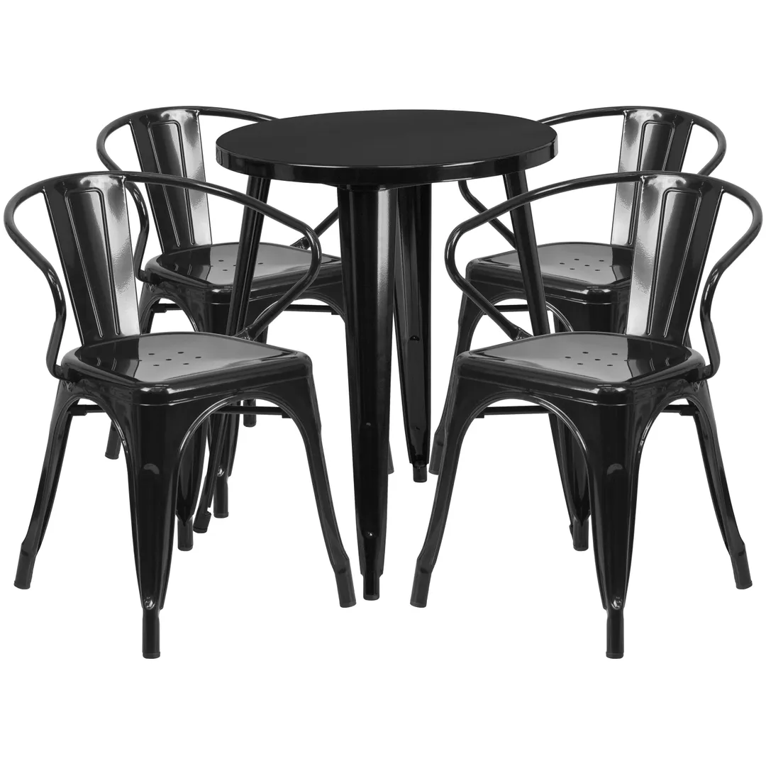 Flash Furniture CH-51080TH-4-18ARM-BK-GG 24" Round Table & 4 Chairs Set, Black Powder Coat Finish, Metal, Indoor/Outdoor