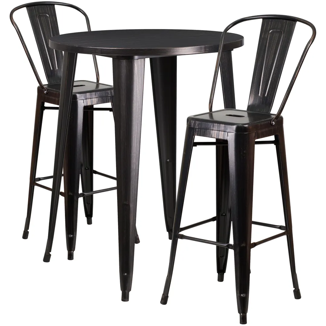 Flash Furniture CH-51090BH-2-30CAFE-BQ-GG 30" Round Table & 2 Bar Stools Set, Black & Antique Gold, Powder Coat Finish, Metal