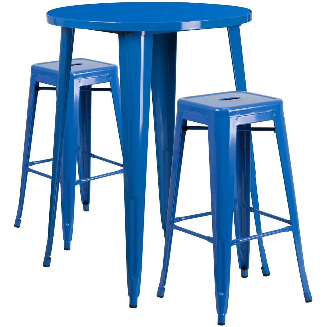Flash Furniture CH-51090BH-2-30SQST-BL-GG 30" Round Table & 2 Bar Stool Set, 41"H, Blue Powder Coat Finish