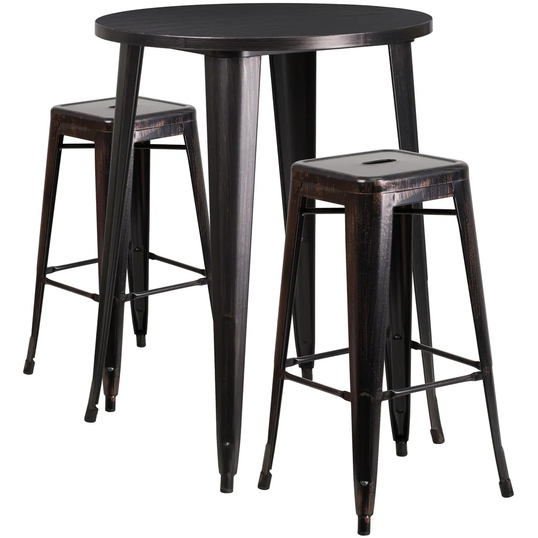Flash Furniture CH-51090BH-2-30SQST-BQ-GG 30" Round Table & 2 Bar Stool Set, 41"H, Black & Antique Gold