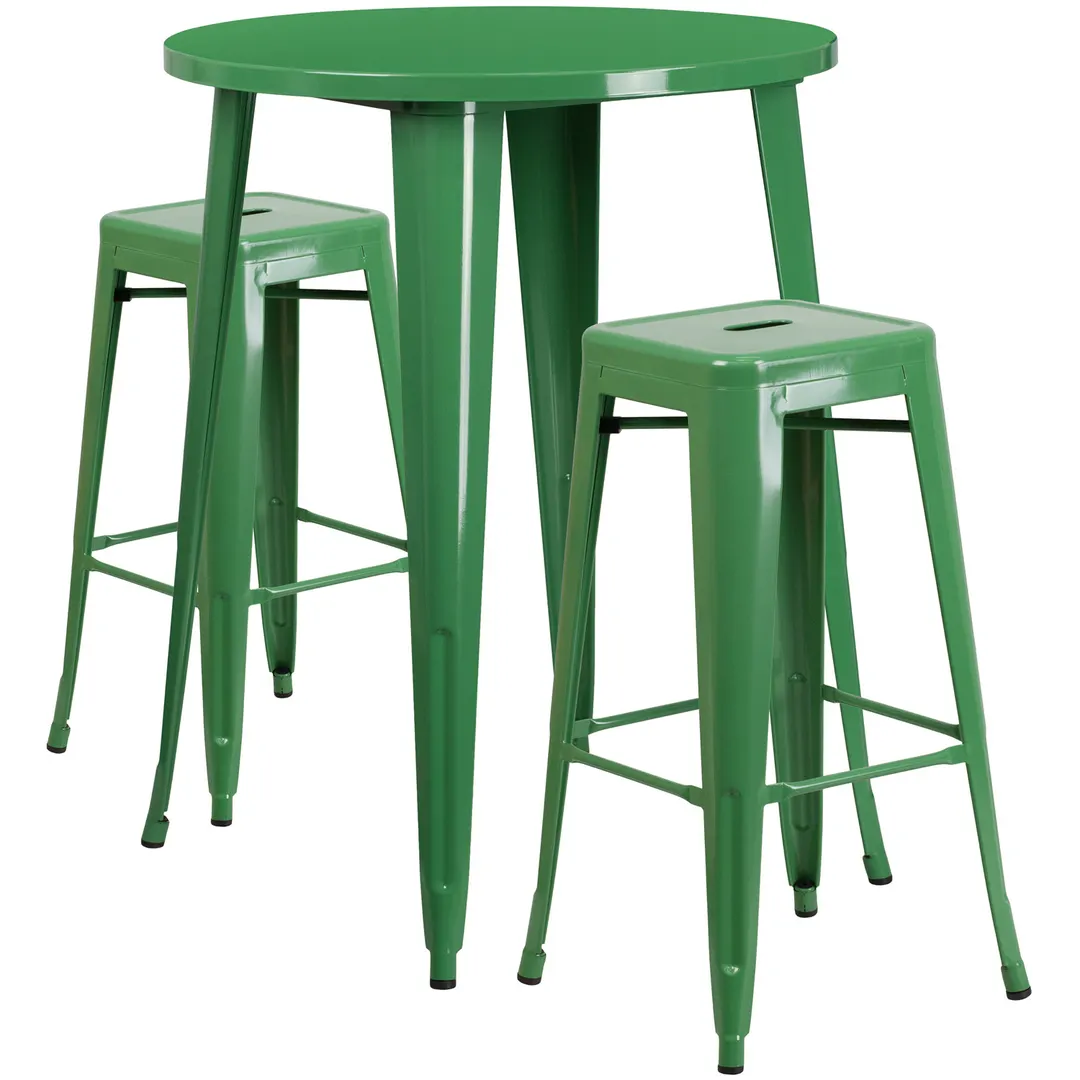 Flash Furniture CH-51090BH-2-30SQST-GN-GG 30" Round Table & 2 Bar Stool Set, 41"H, Green Powder Coat Finish
